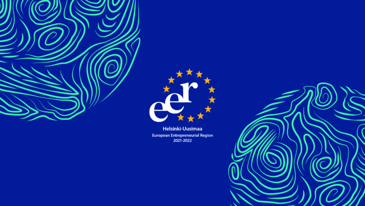 Sinisellä pohjalla vihertäviä kuvioita ja teksti EER Helsinki-Uusimaa, European Entrepreneurial Region 2021-2022.