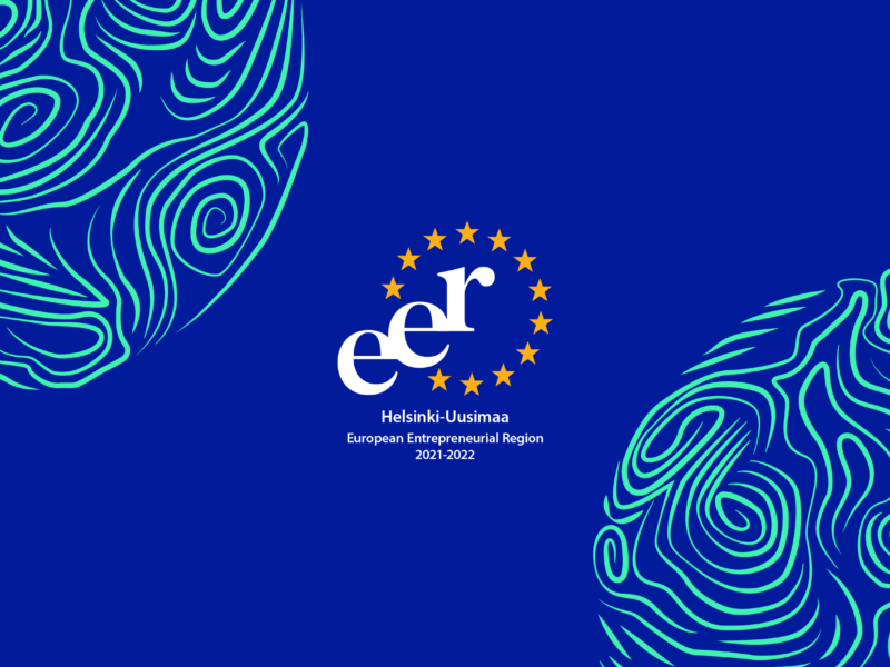 Sinisellä pohjalla vihertäviä kuvioita ja teksti EER Helsinki-Uusimaa, European Entrepreneurial Region 2021-2022.