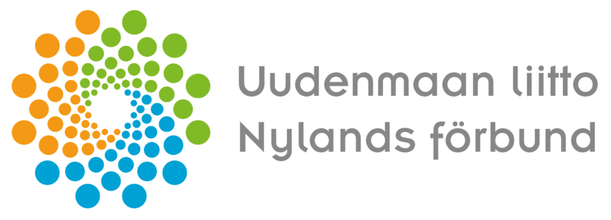 Logo, jossa oransseja, vihreitä ja sinisiä palloja sekä teksti Uudenmaan liitto Nylands förbund.