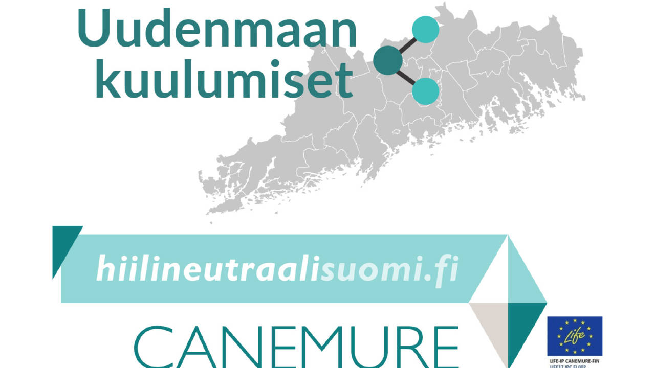 Uudenmaan kartta sekä teksti Uudenmaan kuulumiset. Canemure-logo, teksti hiilineutraalisuomi.fi