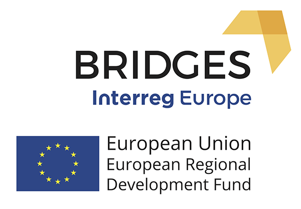 Bridgesin logo. EU-lippu ja tekstit: Bridges, Interreg Europe, European Union, European Regional Development Fund.