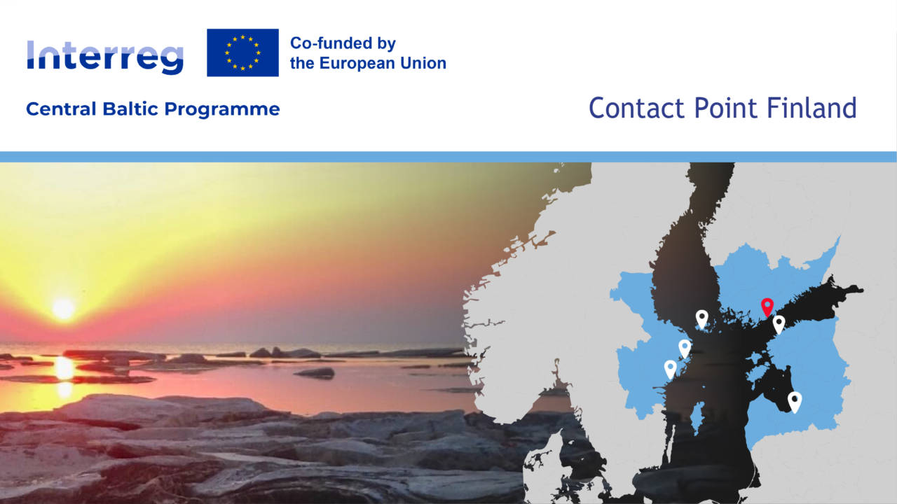 Interreg Central Baltic Programme - Co-funded by the European Union. Contact Point Finland. Karttakuva Itämeren alueesta sekä kallioinen merimaisema.