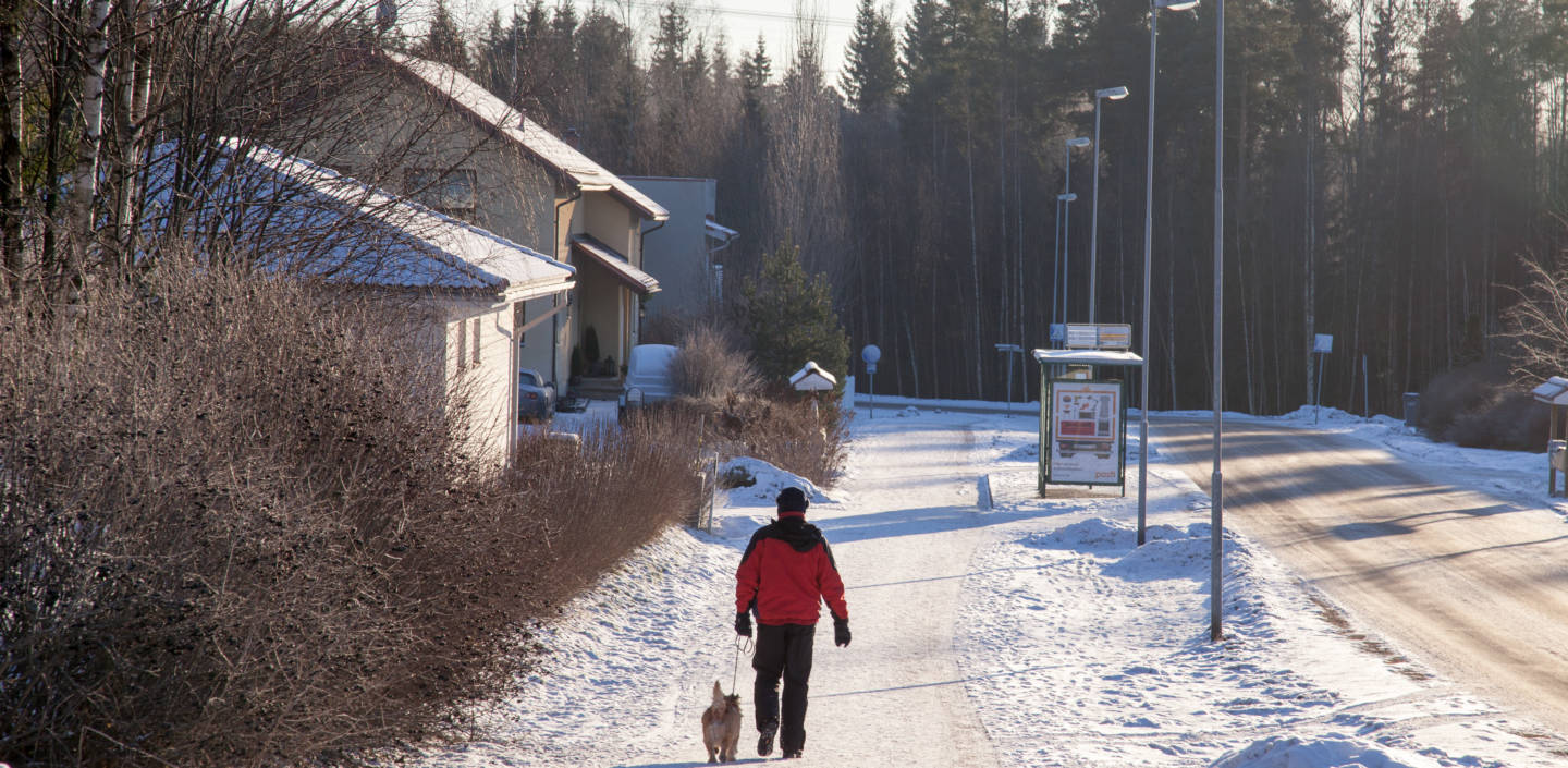 Mies ja koira kävelemässä omakotitaloalueella talvisena päivänä.