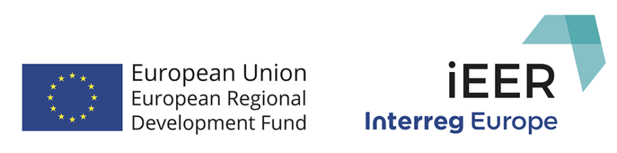 Sininen lippu keltaisilla tähdillä, tekstit European Union European regional development Fund. iEER Interreg Europe.
