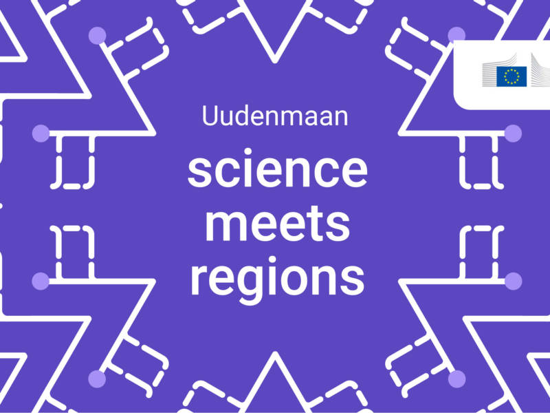 Sinisellä pohjalla teksti Uudenmaan science meets regions ja European commission -logo.