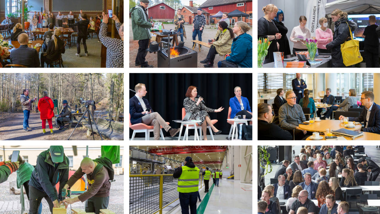 Yhdeksän kuvaa Uusimaa-viikon tapahtumista. Kuvissa on ihmisiä sisällä ja ulkona, tehtaassa, istumassa yleisössä ja nuotion äärellä...