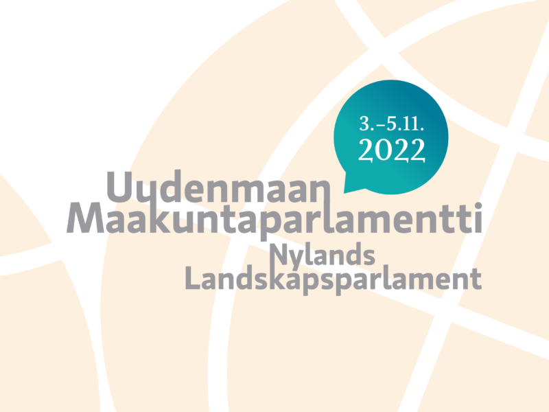 Logo, jossa teksti Uudenmaan maakuntaparlamentti, Nylands landskapsparlament 3.-5.11.2022.