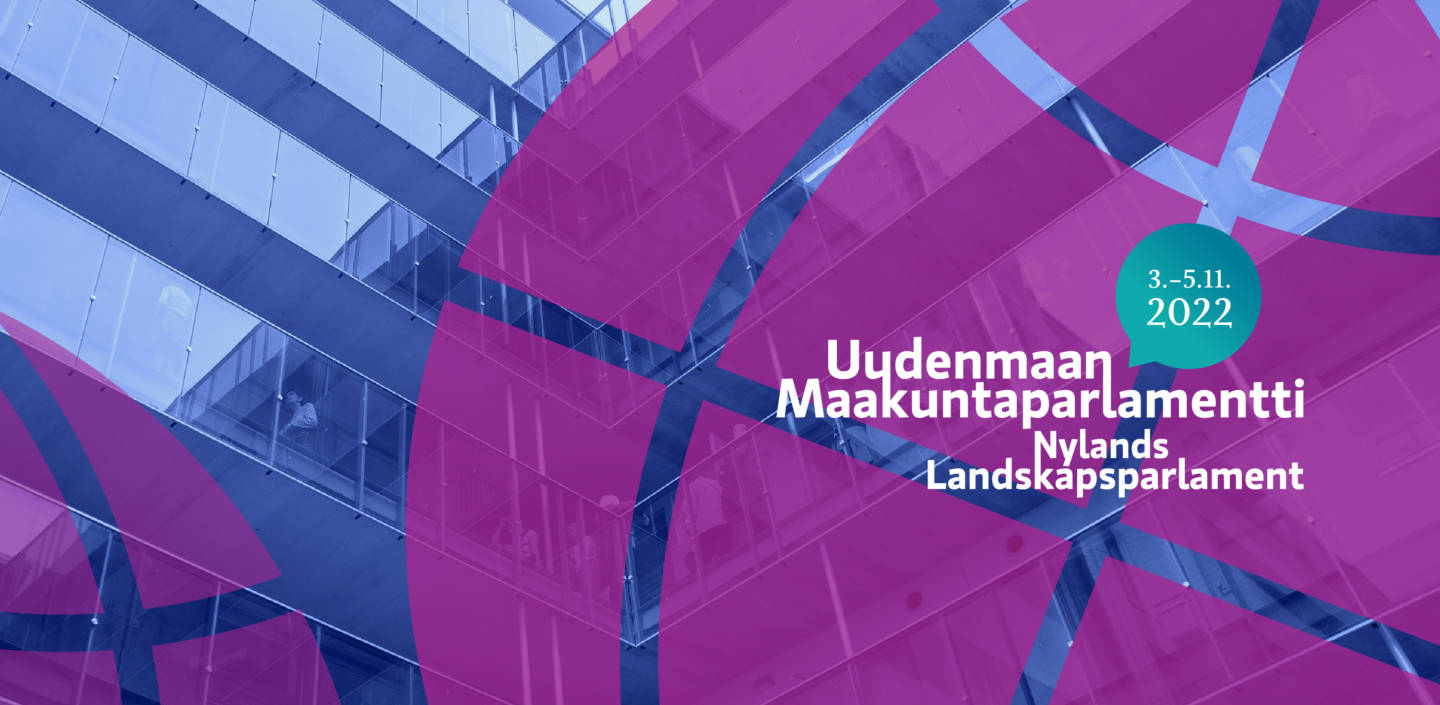 Logo, jossa teksti Uudenmaan maakuntaparlamentti, Nylands landskapsparlament 3.-5.11.2022..