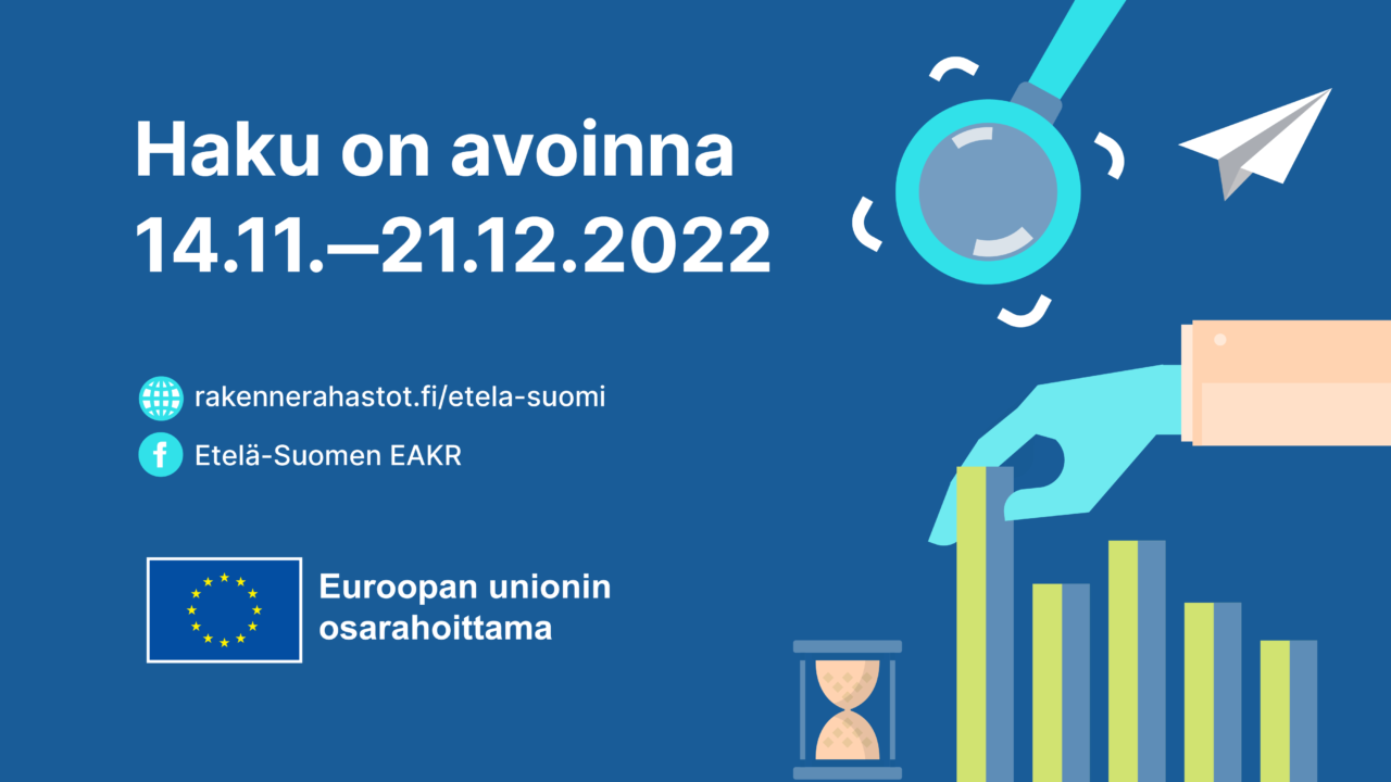 Sinisellä pohjalla piiroskuvia ja teksti Haku on avoinna 14.11.-21.12.2022, rakennerahastot.fi/etela-suomi, Euroopan unionin osarahoittama.