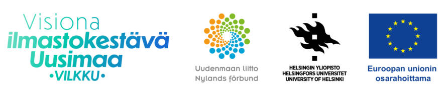 Logoja: VIsiona ilmastonkestävä Uusimaa, Uudenmaan liitto, Helsingin yliopisto, Euroopan unionin osarahoittama.