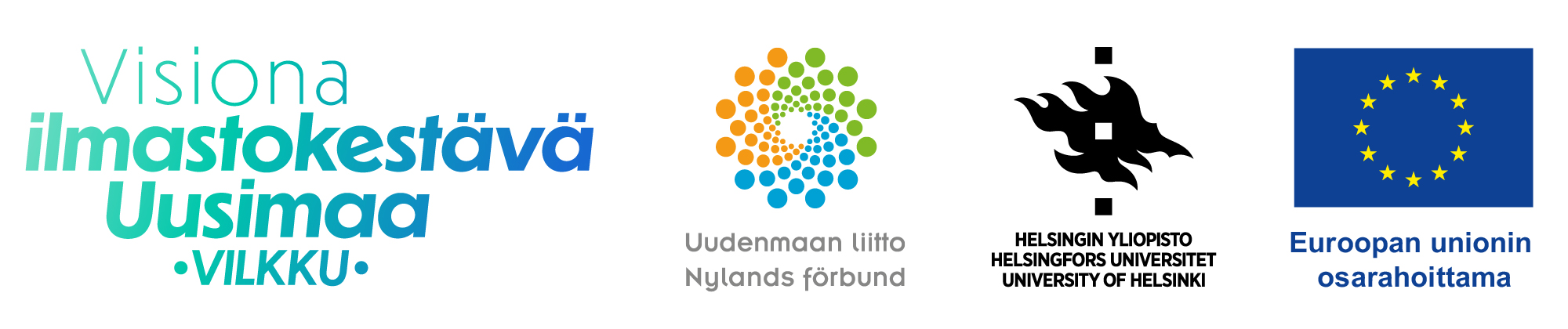 Logoja: VIsiona ilmastonkestävä Uusimaa, Uudenmaan liitto, Helsingin yliopisto, Euroopan unionin osarahoittama.