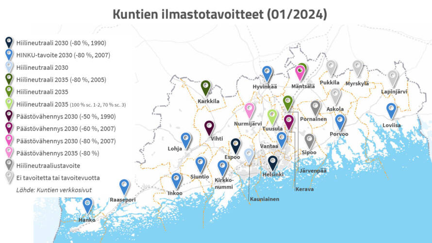 Uudenmaan kartalla kuntien ilmastotavoitteet. Päivitetty 1/2024. Hiilineutraali 2030 -tavoitteessa ovat Helsinki ja Espoo. Hinku-tavoite 2030: Hanko, Raasepori, Inkoo, Siuntio, Kirkkonummi, Lohja, Hyvinkää, Vantaa, Porvoo ja Loviisa. Ilmastotavoitetta ei ole Askolalla, Pukkilalla, Myrskylällä ja Lapinjärvellä.
