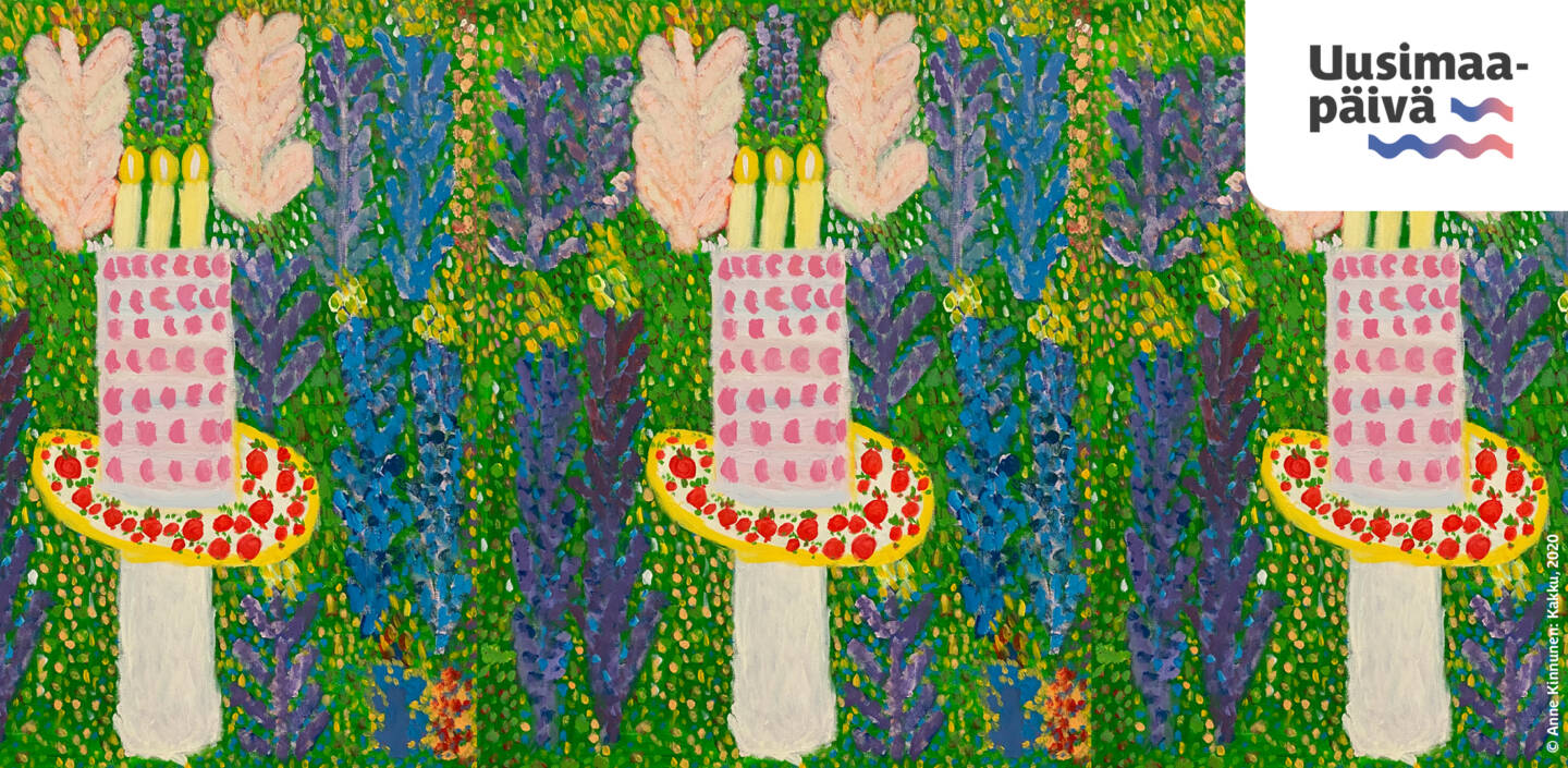 Uusimaa-päivä -logo ja Värikäs maalaus, jossa täytekakku kynttilöillä. Tekijätiedot: Anne Kinnunen, Kakku, 2020.