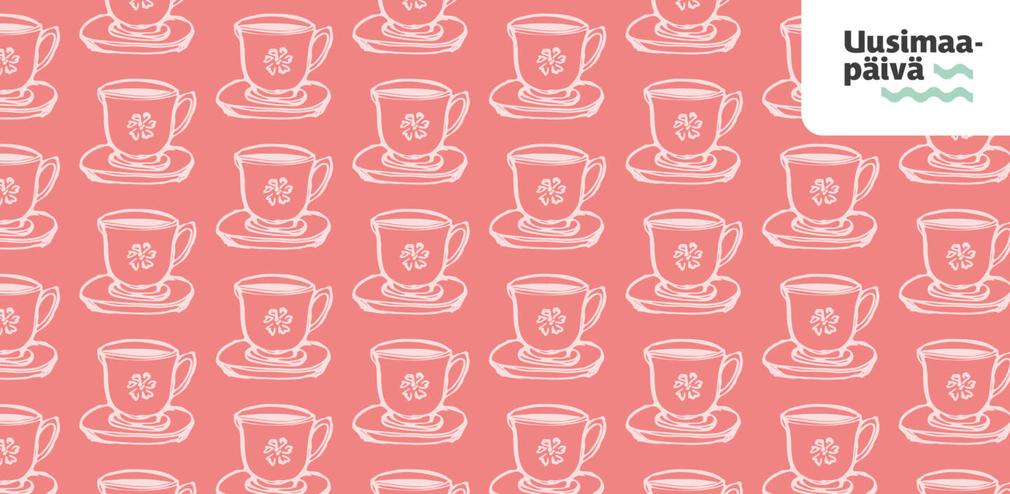 Punaisella taustalla valkoisia, piirrettyjä kahvikuppeja. Kulmassa Uusimaa-päivän logo.