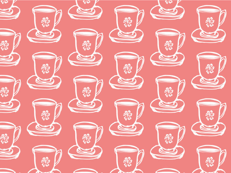 Punaisella taustalla valkoisia, piirrettyjä kahvikuppeja.