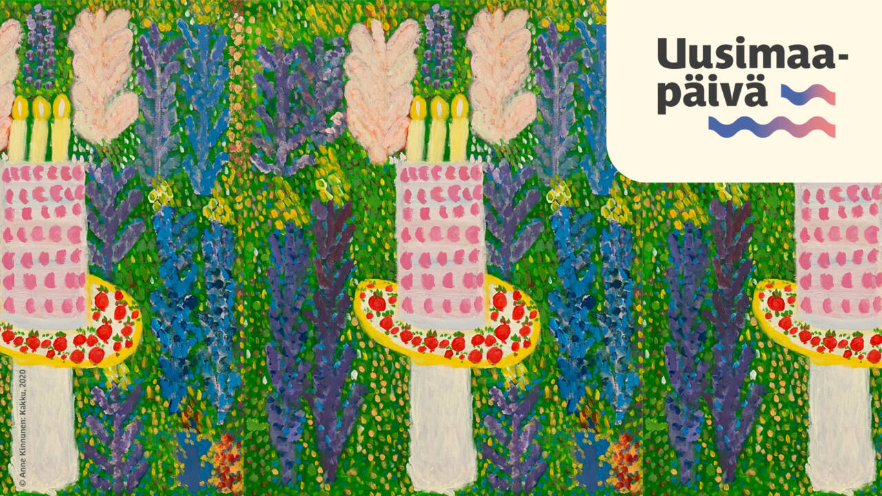 Värikäs maalaus, jossa täytekakku kynttilöillä. Uusimaa-päivä -logo.
