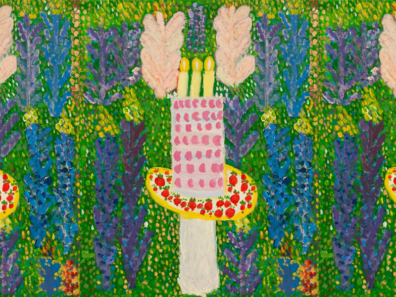 Värikäs maalaus, jossa täytekakku kynttilöillä. Tekijätiedot: Anne Kinnunen, Kakku, 2020.