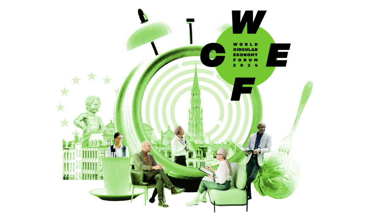 Brysseliläisiä nähtävyyksiä, kuten Manneken Pis ja Grand-Placen torni, herätyskello ja ihmisiä istumassa tuoleilla, puhumassa ja pohtimassa. WCEF-tapahtuman logo, jossa lukee World circular economy forum 2024.