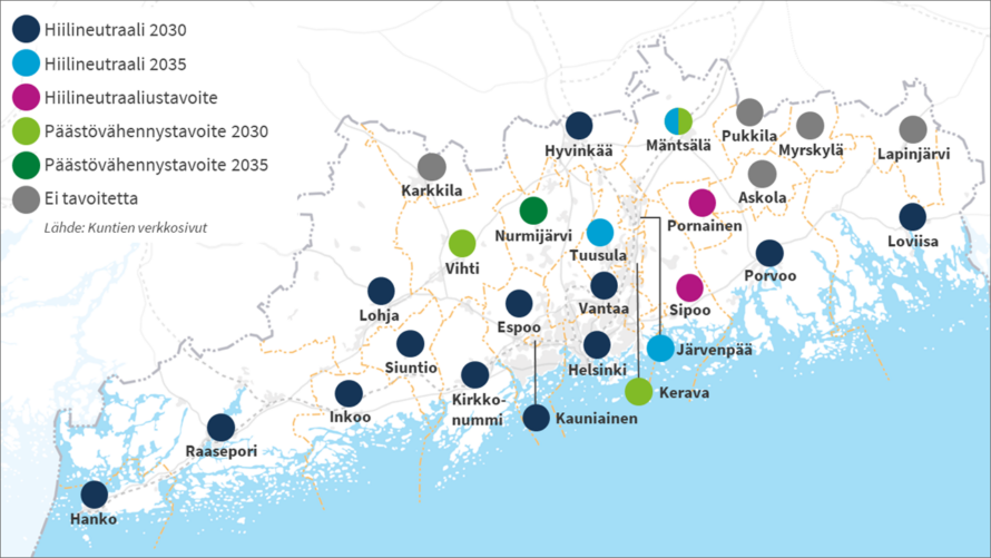 Uudenmaan kartta, johon merkitty kuntien hiilineutraaliustavoitteet. Hiilineutraali 2030: Hanko, Raasepori, Inkoo, Siuntio, Lohja, Kirkkonummi, Espoo, Kauniainen, Helsinki, Vantaa, Hyvinkää, Porvoo ja Loviisa. Hiilineutraali 2035: Karkki, Tuusula, Järvenpää ja Mäntsälä. Hiilineutraaliustavoite: Sipoo ja Pornainen. Päästövähennystavoite 2030: Vihti, Kerava ja Mäntsälä. Päästövähennystavoite 2030: Nurmijärvi. Pukkilalla, Askolalla, Myrskylällä ja Lapinjärvellä ei ole hiilineutraaliustavoitetta.