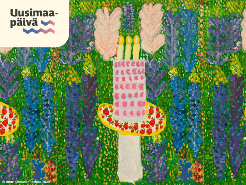 Värikäs maalaus, jossa täytekakku kynttilöillä. Uusimaa-päivä -logo.