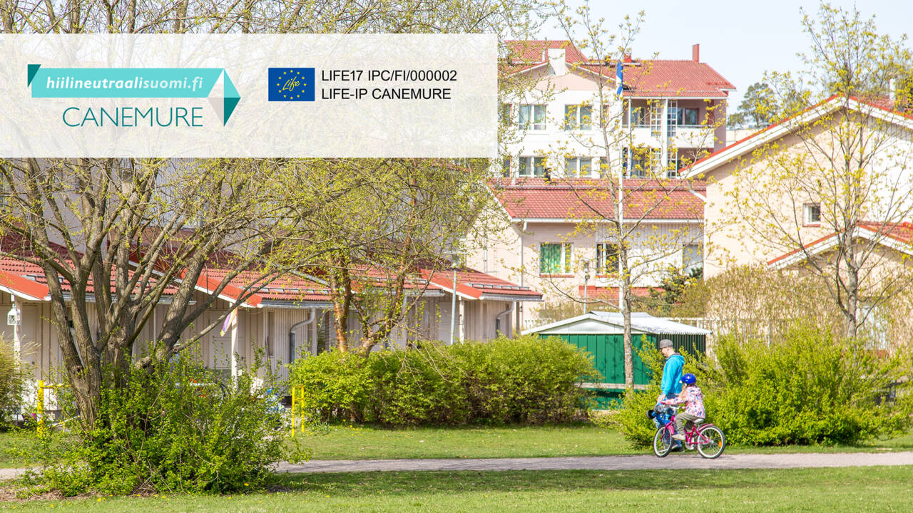 Taloja ja puistomaista ympäristöä. Logoja, jossa tekstit Canemure, hiilineutraalisuomi.fi, Life-IP Canemure. EU-lippulogo.
