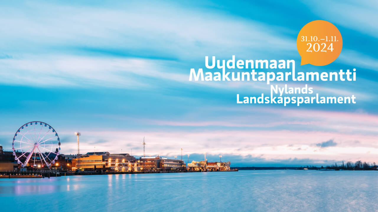 Merimaisema Helsingistä, logo Uudenmaan maakuntaparlamentti, Nylands landskapsparlament 31.10.-1.11.2024.
