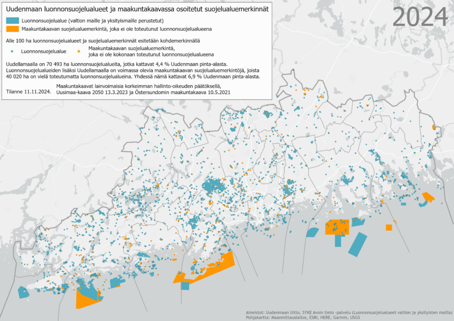 Vuonna 2024 luonnonsuojelualueet ja maakuntakaavan suojelualuemerkinnät kattoivat yhdessä 6,9 % Uudenmaan pinta-alasta.
