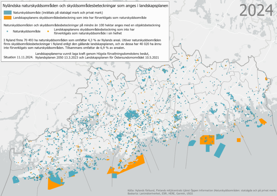 År 2024 omfattade naturskyddsområdena och landskapsplanens skyddsområdesbeteckningar sammanlagt 6,9 % av Nylands areal.