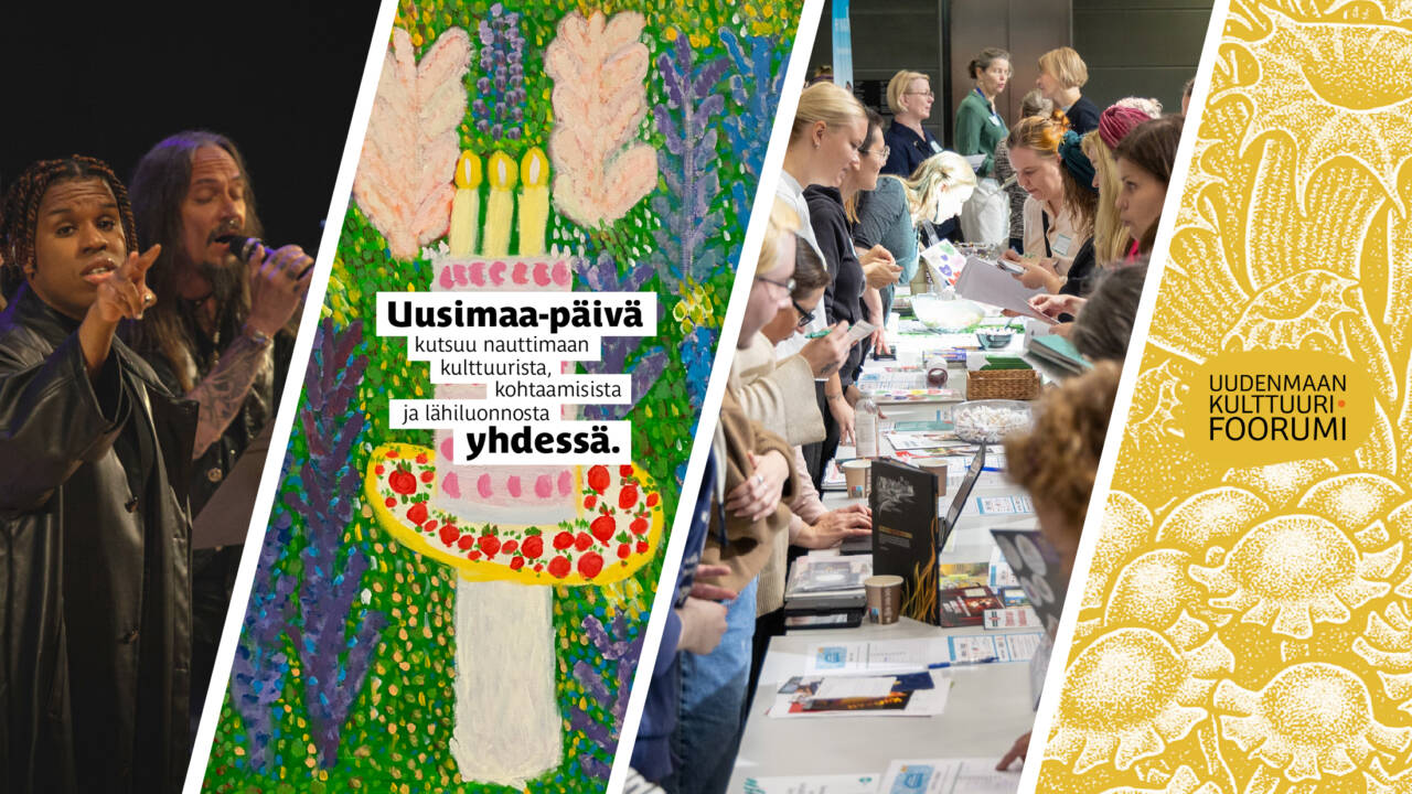 Neljän kuvan kollaasin. Henkilö pitää mikkiä kädessä ja toinen henkilö osoittaa kädellä. Maalattu tytekakku, jonka päällä teksti: "Uusimaa-päivä kutsuu nauttimaan kulttuurista, kohtaamisista ja lähiluonnosta yhdessä. Henkilöitä pöydän ääressä. Pöydällä esitteitä ja muuta paperia. Maalaus, jonka päällä lukee: "Uudenmaan kulttuurifoorumi".