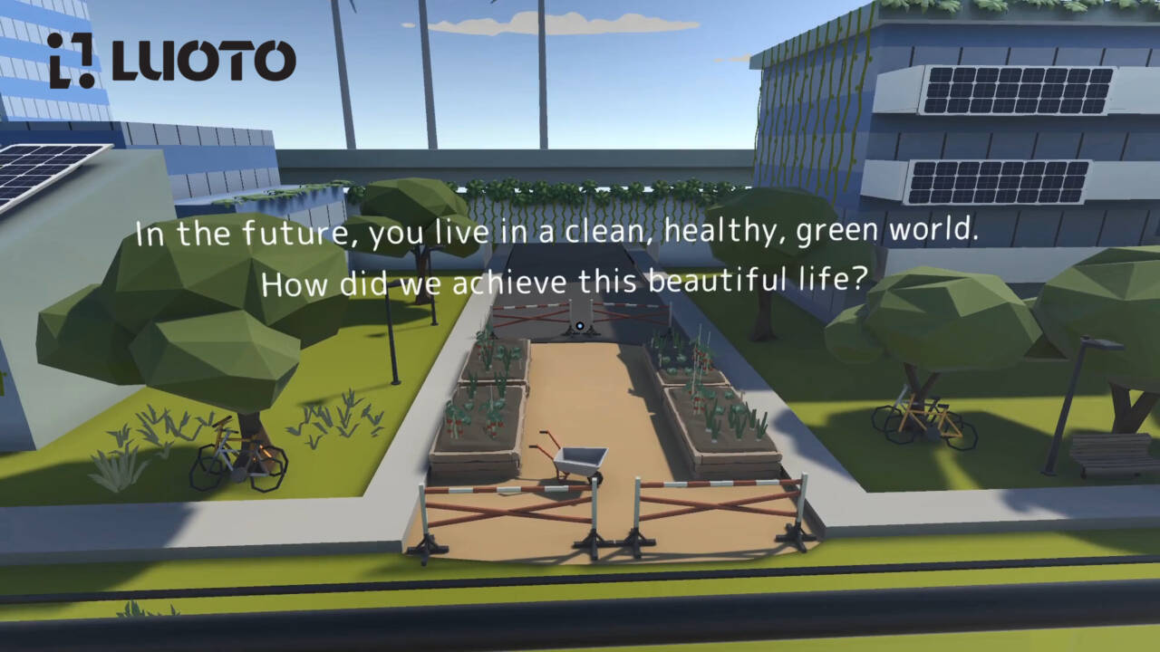 Kuvassa on Climate Connected: Outbreak -pelin ruutu, jossa on vihreä kaupunkimaisema hyötyistutuksineen ja teksti: ”In the future, you live in a clean, healthy, green world. How did we achieve this beautiful life?”