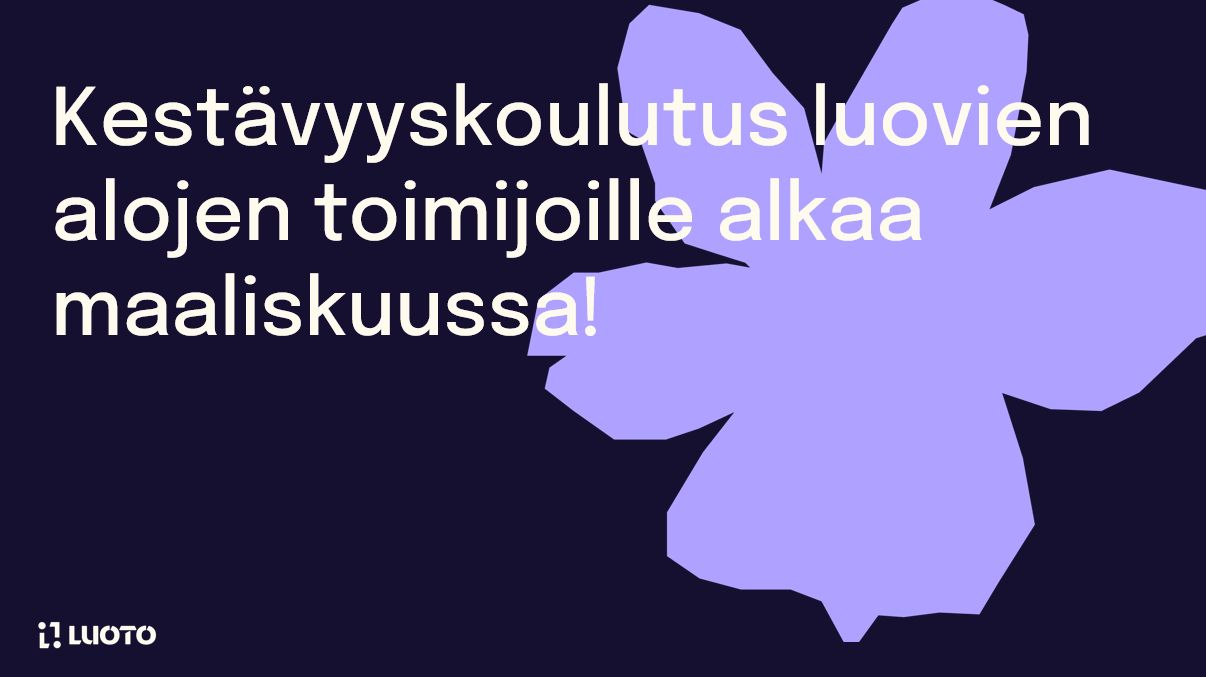 Tumman violetti pohja, jolla lila piirretty kukka ja teksti Kestävyyskoulutus luovien alojen toimijoille alkaa maaliskuussa