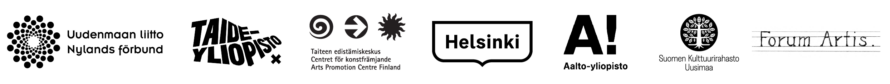Logoja: Uudenmaan liitto, Taideyliopisto, Taiteen edistämiskeskus, Helsinki, Aalto-yliopisto, Suomen kulttuurirahasto Uusimaa ja Forum Artis.