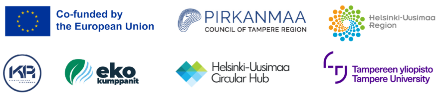 Logos: Co-funded by the European Union, Council of Tampere region, Helsinki-Uusimaa Region, KR, Eko-kumppanit, Helsinki-Uusimaa circular hub, Tampere university.