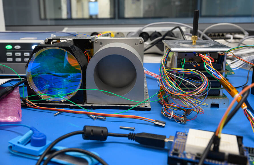 A satellite under construction.