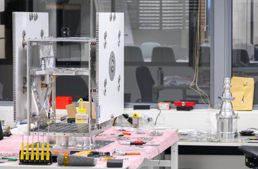 A space where satellite test models are built for vibration and shock testing.