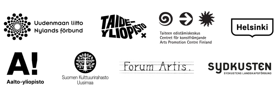 Kulttuurifoorumin järjestäjien logot: Uudenmaan liitto, Taideyliopisto, Taike, Helsingin kaupunki, Aalto-yliopisto, Suomen kulttuurirahasto Uusimaa, Forum Artis ja Sydkusten.