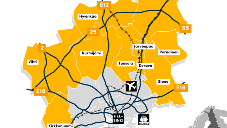 Map of the Helsinki Ring of Industry municipalities and connections.