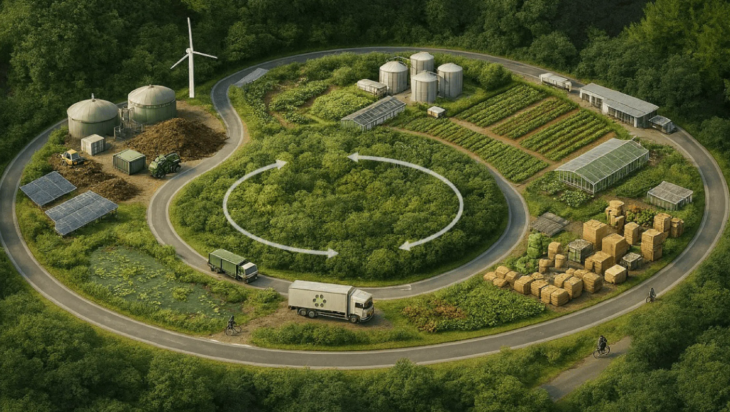 An AI illustration depicting circular agricultural landcape and functions